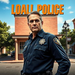 A movie poster featuring a charismatic and determined local law enforcement officer, standing in front of a small-town police station