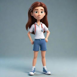 A full-body image of a brave teen female cartoon character, dressed in simple clothes, with a stern expression. She is showcasing foreshortening technique, ready to apply her knowledge of first aid.