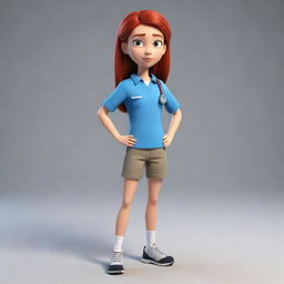 A full-body image of a brave teen female cartoon character, dressed in simple clothes, with a stern expression. She is showcasing foreshortening technique, ready to apply her knowledge of first aid.