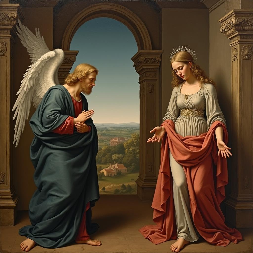 A painting depicting the Annunciation of Mother Mary in the style of Leonardo da Vinci