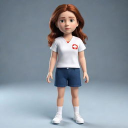 A 3D, full-body representation of a brave teen female, dressed in simple clothes, with a stern face, demonstrating readiness to use her first aid skills.