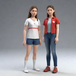 A 3D, full-body representation of a brave teen female, dressed in simple clothes, with a stern face, demonstrating readiness to use her first aid skills.