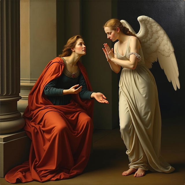 A painting depicting the Annunciation of Mother Mary, featuring a female angel, in the style of Leonardo da Vinci