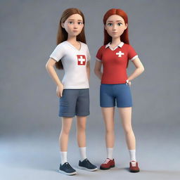 A 3D, full-body representation of a brave teen female, dressed in simple clothes, with a stern face, demonstrating readiness to use her first aid skills.