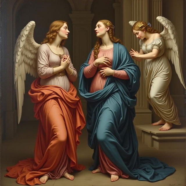 A painting depicting the Annunciation of Mother Mary, featuring a female angel, in the style of Leonardo da Vinci