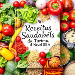 A vibrant and inviting cookbook cover titled "Receitas Saudáveis da Turma do Nível III A"