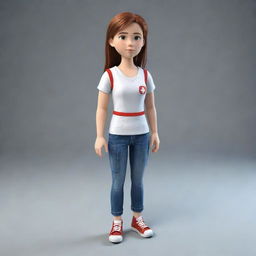 A 3D, full-body representation of a brave teen female, dressed in simple clothes, with a stern face, demonstrating readiness to use her first aid skills.