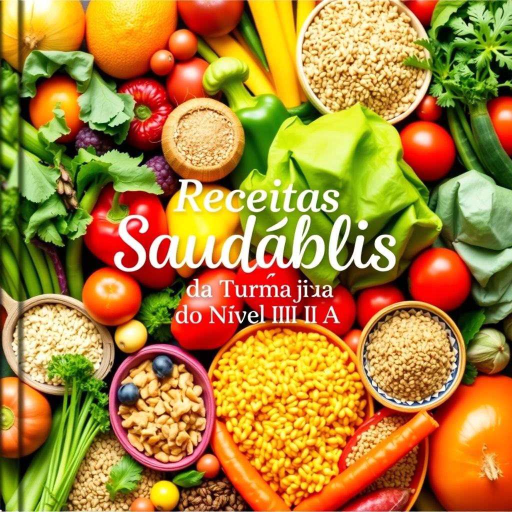 A vibrant and inviting cookbook cover titled "Receitas Saudáveis da Turma do Nível III A"