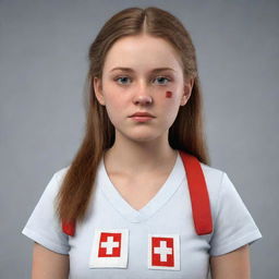 A realistic 3D, full-body image of a brave teen female, clad in simple attire, with a determined facial expression, prepared to apply her first aid expertise.