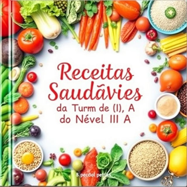 A vibrant and inviting cookbook cover with the title "Receitas Saudáveis da Turma do Nível III A" written in Portuguese