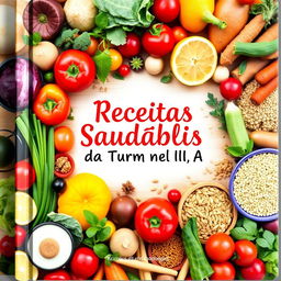 A vibrant and inviting cookbook cover with the title "Receitas Saudáveis da Turma do Nível III A" written in Portuguese