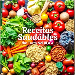 A vibrant and inviting cookbook cover with the title "Receitas Saudáveis da Turma do Nível III A" written in Portuguese