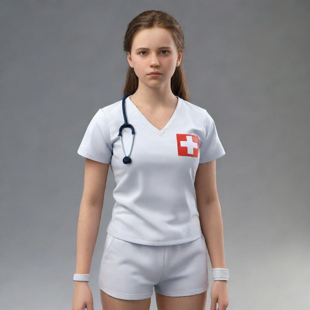 A realistic 3D, full-body image of a brave teen female, clad in simple attire, with a determined facial expression, prepared to apply her first aid expertise.