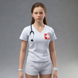 A realistic 3D, full-body image of a brave teen female, clad in simple attire, with a determined facial expression, prepared to apply her first aid expertise.