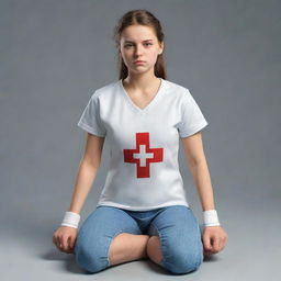 A realistic 3D, full-body image of a brave teen female, clad in simple attire, with a determined facial expression, prepared to apply her first aid expertise.