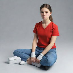 A realistic 3D, full-body image of a brave teen female, clad in simple attire, with a determined facial expression, prepared to apply her first aid expertise.