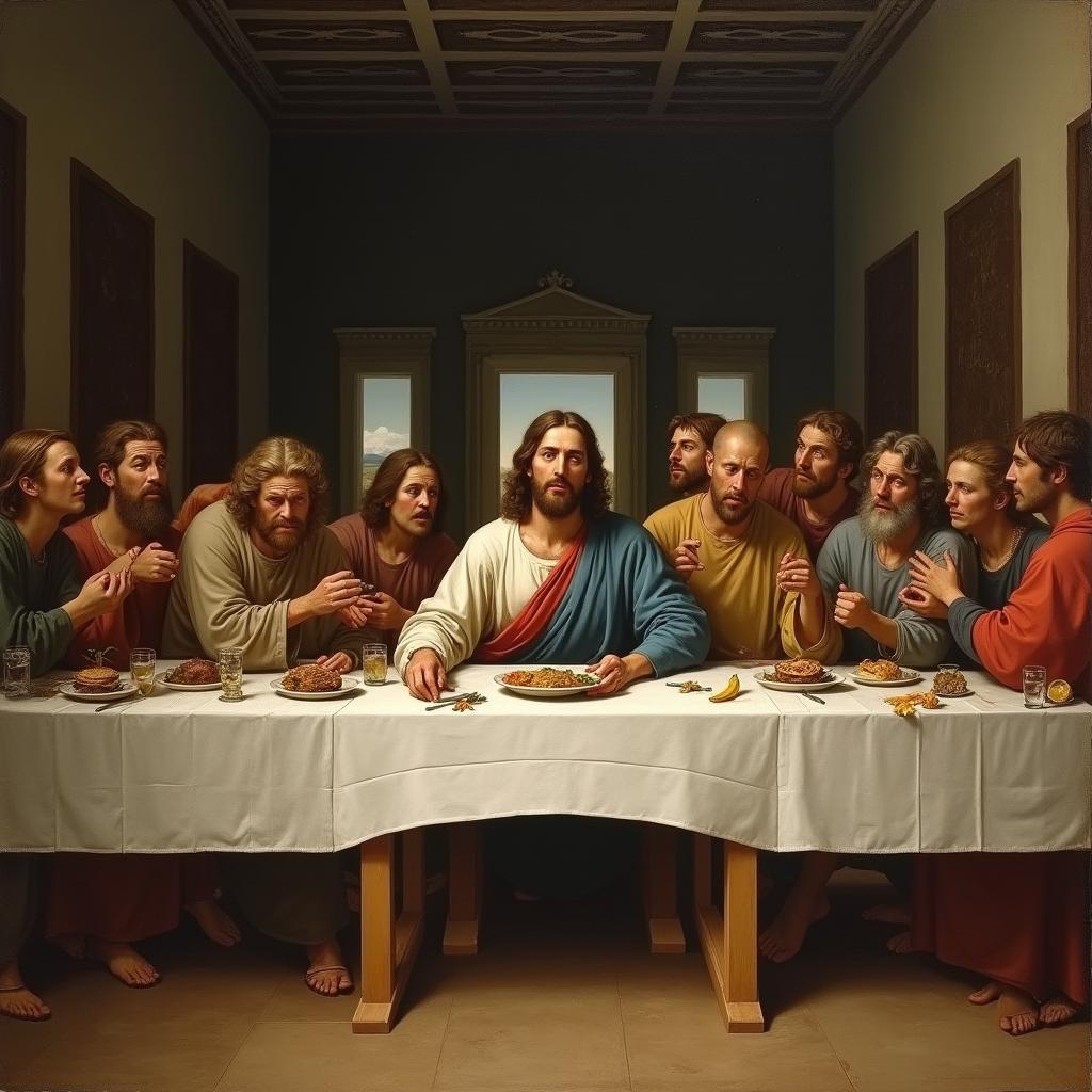 A painting depicting the Last Supper with Jesus and his 12 apostles, in the style of Leonardo da Vinci