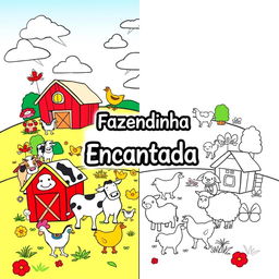 Children's coloring book cover featuring a delightful farm theme, designed with one half colorful and the other half in black and white