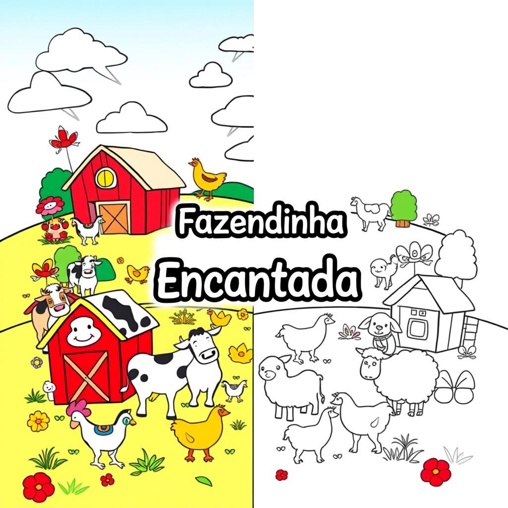 Children's coloring book cover featuring a delightful farm theme, designed with one half colorful and the other half in black and white