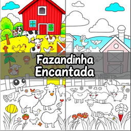 Children's coloring book cover featuring a delightful farm theme, designed with one half colorful and the other half in black and white