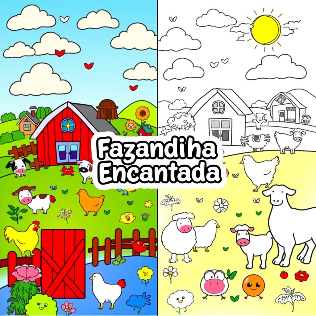 Children's coloring book cover featuring a delightful farm theme, designed with one half colorful and the other half in black and white