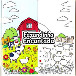 Children's coloring book cover featuring a delightful farm theme, designed with one half colorful and the other half in black and white