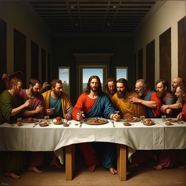 A masterful painting capturing the Last Supper, featuring Jesus and his 12 apostles, in the style of Leonardo da Vinci