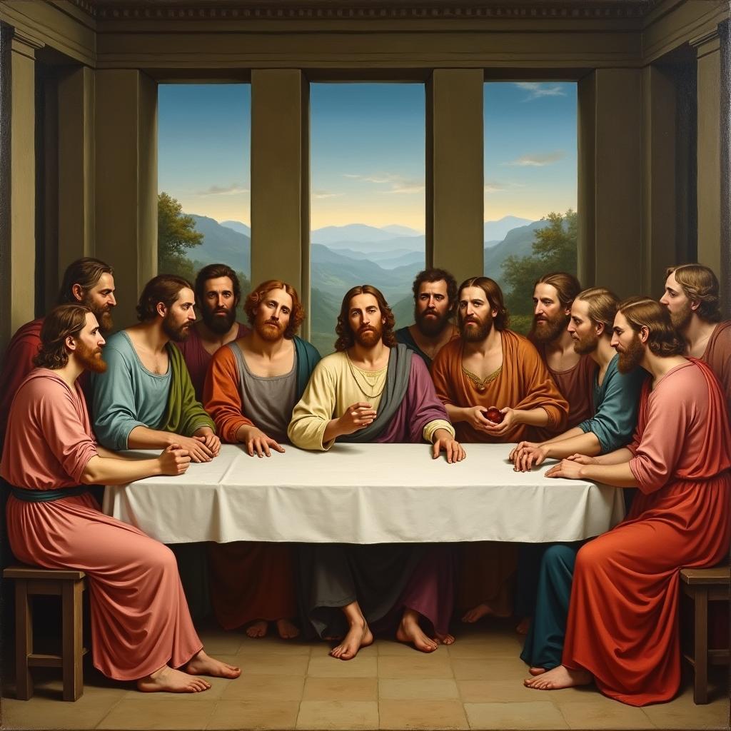 A painting of The Last Supper featuring Jesus and his 12 apostles in the style of artist Raphael