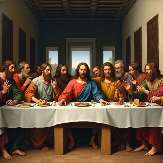 A painting of the Last Supper featuring Jesus and his 12 apostles, styled after the artist Raphael