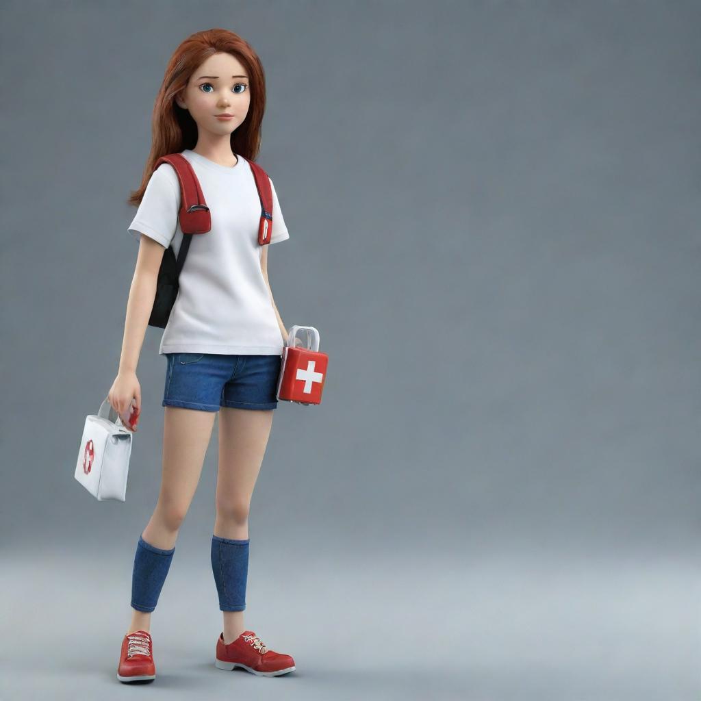 A realistic 3D, full-body image of the teen female from the second picture, appearing brave and ready to help others. She is wearing simple clothes, with a bold face and holding a first aid kit.