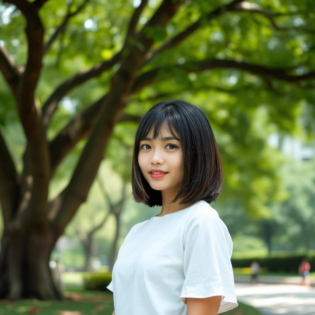 An Indonesian girl with short, straight hair, elegantly standing near a large shady tree in a city park