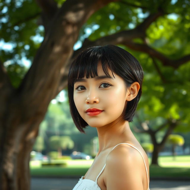 An Indonesian girl with short, straight hair, elegantly standing near a large shady tree in a city park