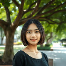 An Indonesian girl with short, straight hair, elegantly standing near a large shady tree in a city park