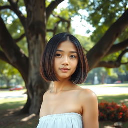 An Indonesian girl with short, straight hair, elegantly standing near a large shady tree in a city park