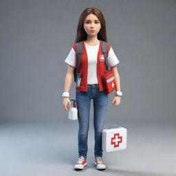 A realistic 3D, full-body image of the teen female from the second picture, appearing brave and ready to help others. She is wearing simple clothes, with a bold face and holding a first aid kit.