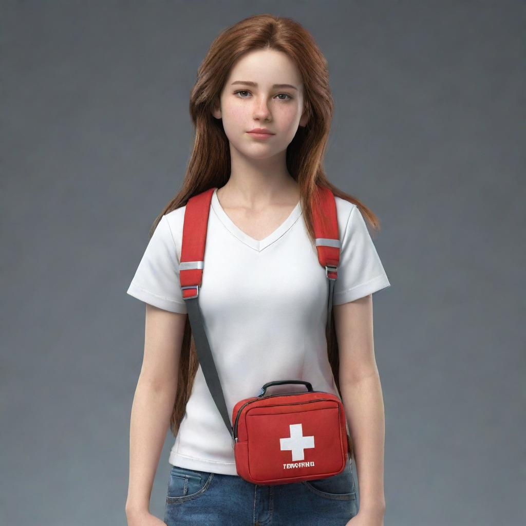 A realistic 3D, full-body image of the teen female from the second picture, appearing brave and ready to help others. She is wearing simple clothes, with a bold face and holding a first aid kit.