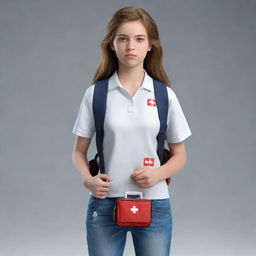 A realistic 3D, full-body image of the teen female from the second picture, appearing brave and ready to help others. She is wearing simple clothes, with a bold face and holding a first aid kit.