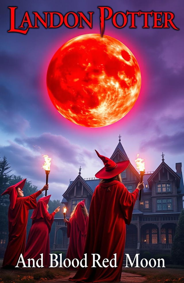 A captivating book cover for "Landon Potter and the Blood Red Moon" is displayed at the top