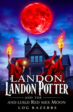 A captivating book cover for "Landon Potter and the Blood Red Moon" is displayed at the top