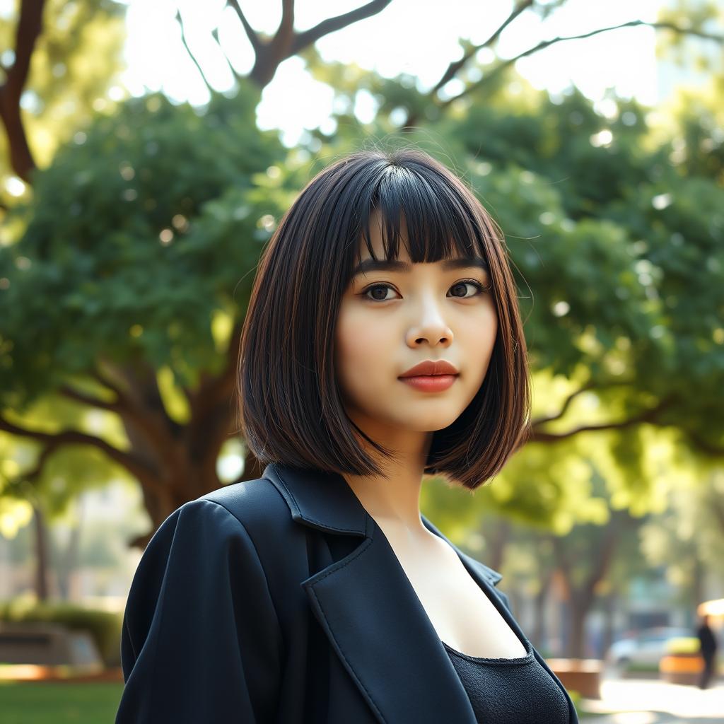 A beautiful Indonesian girl with straight short hair, standing in a stylish pose near a large lush tree in a city park