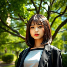 A beautiful Indonesian girl with straight short hair, standing in a stylish pose near a large lush tree in a city park