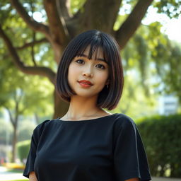 A beautiful Indonesian girl with straight short hair, standing in a stylish pose near a large lush tree in a city park