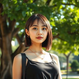 A beautiful Indonesian girl with straight short hair, standing in a stylish pose near a large lush tree in a city park