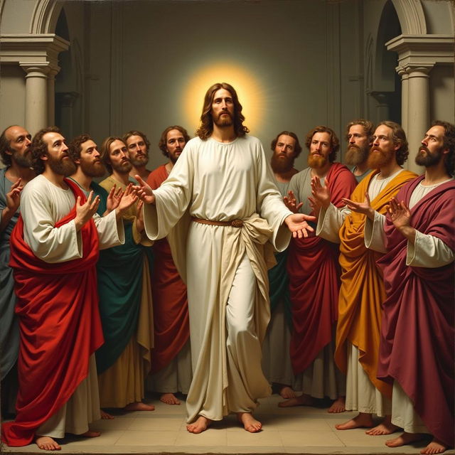 A painting of Jesus and his 12 apostles in the style of artist Raphael