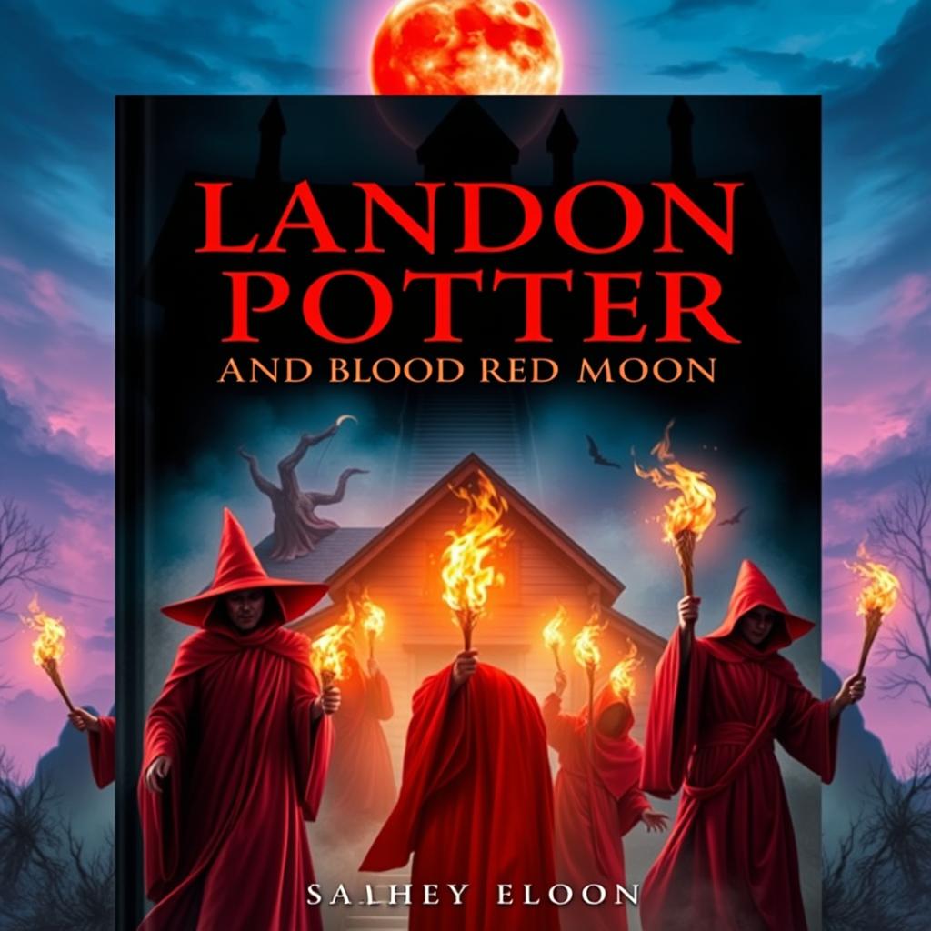 The book cover artwork for "Landon Potter and the Blood Red Moon" is depicted at the top