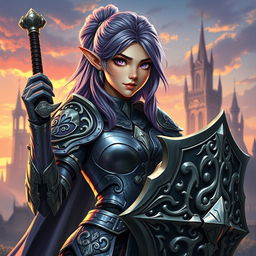 A captivating female half-elf paladin, with striking purple eyes and purplish grey hair, clad in intricate armor