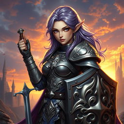 A captivating female half-elf paladin, with striking purple eyes and purplish grey hair, clad in intricate armor