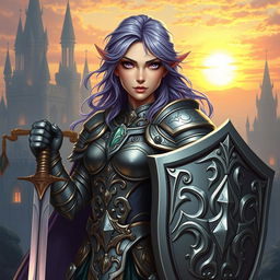 A captivating female half-elf paladin, with striking purple eyes and purplish grey hair, clad in intricate armor