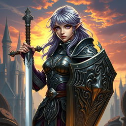 A captivating female half-elf paladin, with striking purple eyes and purplish grey hair, clad in intricate armor