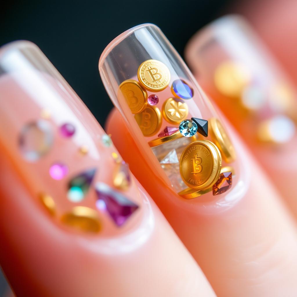 Macro shot of a manicure featuring transparent 'Secret Treasures' nails